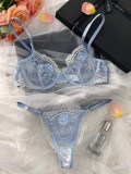 Women Embroidered See-Through Hollow Sexy Lingerie Two-piece Set