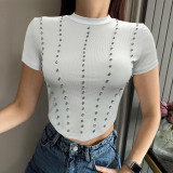 Women Summer Crop Irregular Round Neck Diamond Short Sleeve T-Shirt