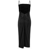 Women Sexy Backless Pleated Strap Dress