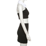 Women Polo Neck Halter Neck Solid Strapless Top And Mini Skirt Two-piece Set