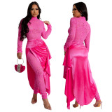 Women Solid Round Neck Long Sleeve Jumpsuit Tie And Half Cape Skirt Two Piece Set
