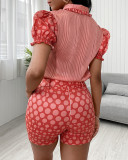 Women red polka dot Top and Shorts Casual two-piece set - with belt