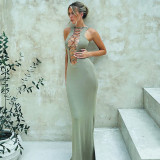 Women Summer Elegant Solid Lace-Up Hollow Long Dress