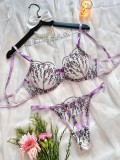 Women floral embroidered transparent mesh seductive lingerie two-piece set