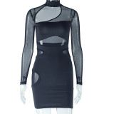 Women Solid Sexy Hollow Mesh Patchwork Bodycon Dress