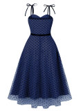 Women Lace-Up Strap Polka Dot Vintage Maxi Dress