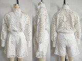 Women Casual Solid Single Breasted Stand Collar Top Lace Shorts Two Piece Set