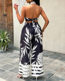 Women Spring and Summer Printed Halter Neck Top And Wide Leg Pants Two-piece Set