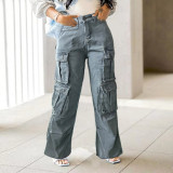 Pocket Cargo Washed Denim Pants Wide Leg Women Jeans
