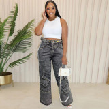 Pocket Cargo Washed Denim Pants Straight Women Jeans