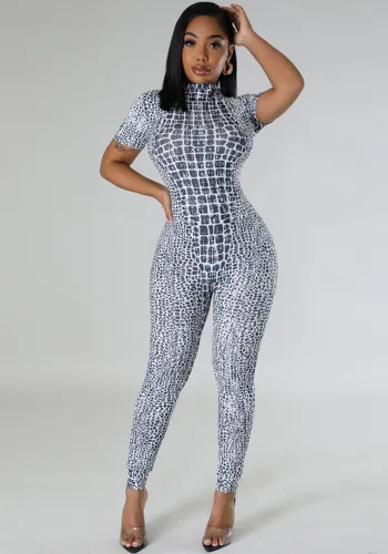 Fashion Print Tight Fitting Sexy Women's Short Sleeve Jumpsuit