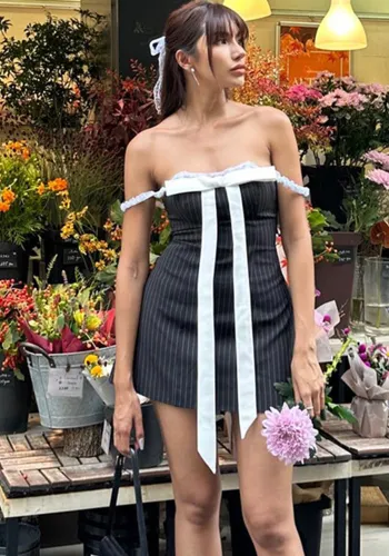 Summer Sexy Bow Lace Off Shoulder Strap Mini Women's Dress