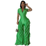 Women's Solid Color Short Sleeve Ruffled Wide Leg Jumpsuit