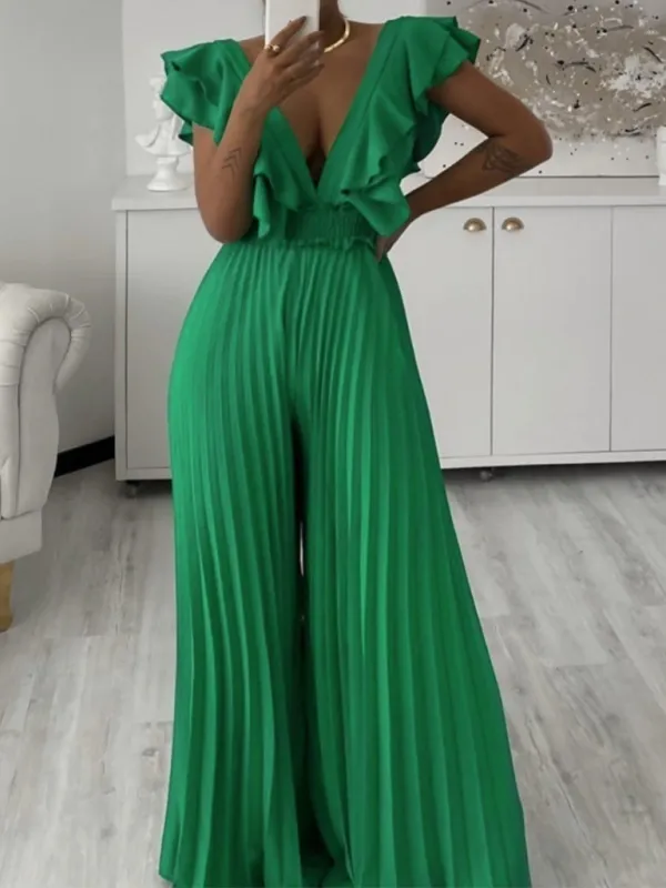 Women's Deep V Neck High Waist Sexy Ruffled Pleat Wide Leg Jumpsuit
