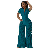 Women's Solid Color Short Sleeve Ruffled Wide Leg Jumpsuit
