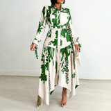 Women's Fashion Chic Print Turndown Collar Long Sleeve Belt Irregular Print Dress