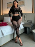 Sexy Net Clothes See Through Hollow Mesh Long Sleeve Two Piece Pants For Night Club