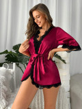 Sexy Lace Patchwork Short Sleeve Satin Night Robe