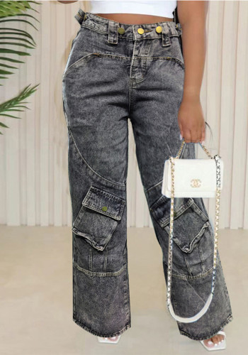 Pocket Cargo Washed Denim Pants Straight Women Jeans