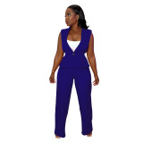 Fashion Women's Solid Color Turndown Collar Sleeveless Casual Two Piece Suit