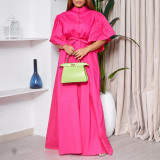 Summer Fashion Bell Bottom Sleeve Breasted Belt Loose Long Dress