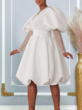 Women's V-Neck Puff Sleeves Formal Party Bridesmaid Dress