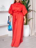 Summer Fashion Bell Bottom Sleeve Breasted Belt Loose Long Dress