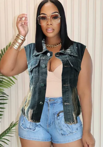 Button Cargo Washed Denim Top