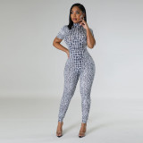 Fashion Print Tight Fitting Sexy Women's Short Sleeve Jumpsuit