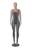 Women's Printed Sleeveless Ribbed Square Neck Low Back Slim Fit Jumpsuit
