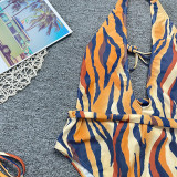 Sexy Hollow Halter Neck Tiger Print Lace-Up One-Piece Swimsuit