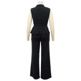 Fashion Women's Solid Color Turndown Collar Sleeveless Casual Two Piece Suit