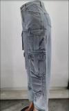 Pocket Cargo Washed Denim Pants Wide Leg Women Jeans