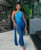 Women's Summer Sleeveless Slash Shoulder Gradient Color Sexy Slim Bodycon Long Dress