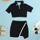 Women Sexy Turndown Collar Short Sleeve Top and Skirt Two-piece Set