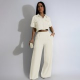 Women's Summer Fashion Turndown Collar Short Sleeve High Waisted Wide Leg Fashion Two Piece Pants Set