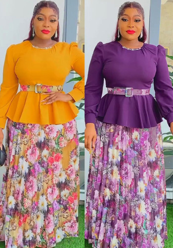 Plus Size African Women Top+ Printed Skirt Two-piece Set