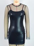 Women mesh long-sleeved Top and suspender sexy Mini Bodycon dress two-piece set