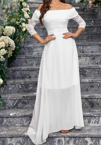 Women Off Shoulder Lace chiffon Half-Sleeve Wedding Bridesmaid Dress Elegant Long Dress