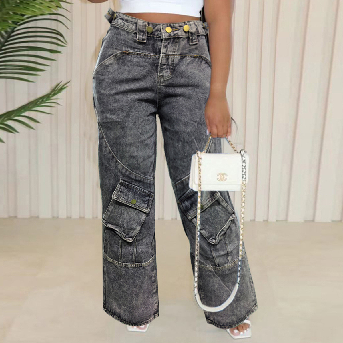 Wholesale Pocket Cargo Washed Denim Pants Straight Women Jeans | Global ...