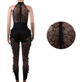 Women Sexy Solid Feather Trim Patchwork Sleeveless Jumpsuit