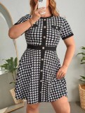 Plus Size Women Houndstooth Print Button Short Sleeve Round Neck Dress