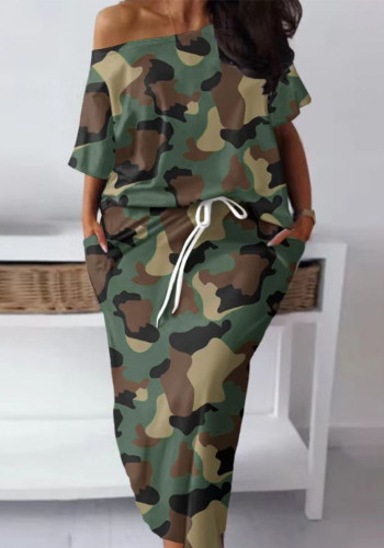 Summer Women Camouflage T-Shirt Short Sleeve And Skirt Two-piece Set