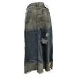 Pocket Distressed Ripped Straight Fit Loose Denim Skirt
