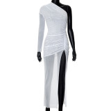 Women Winter Long Sleeve Patchwork Mesh Solid Maxi Dress