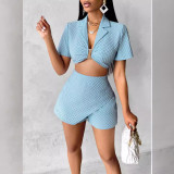 Women summer sexy Solid Casual short-sleeved Top and culottes two-piece set