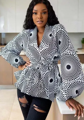 Women Print Lace-Up Lantern Sleeve V Neck Long Sleeve Top