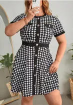 Plus Size Women Houndstooth Print Button Short Sleeve Round Neck Dress