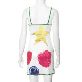 Women's Summer Fruit Print Casual Sleeveless Strap Mini Dress