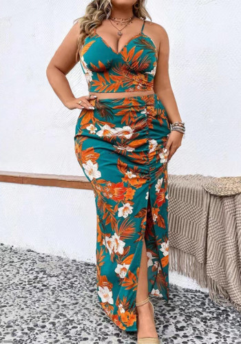 Plus Size Women Clothing Floral Print V-neck Print Sexy Top And Pleated Split Skirt Two-piece Set